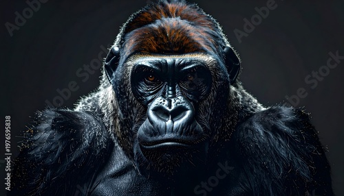 Majestic Gorilla Portrait Intense Gaze Dark Background Studio Lighting.