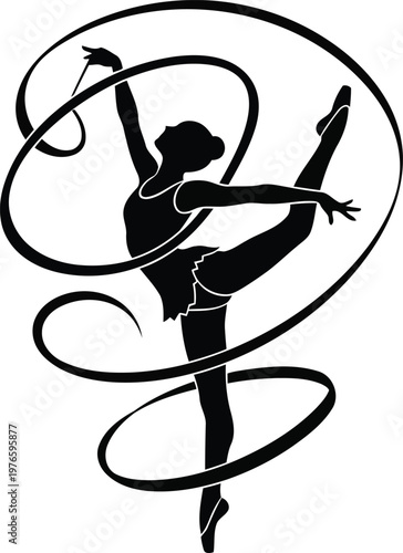Black Silhouette of Rhythmic Gymnast Performing Graceful Ribbon Routine Isolated on White Background Vector Illustration