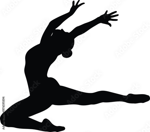 Black silhouette of a graceful female gymnast performing a dynamic leap jump on white background