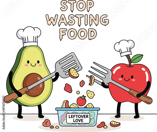 Stop Wasting Food Illustration With Cute Cartoon Avocado And Apple Characters Cooking Healthy Leftover Meals