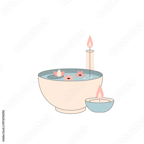 Aromatherapy bath tub with candles lit.