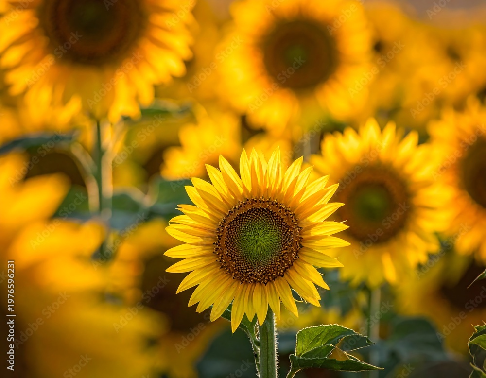 Obraz premium Golden sunflowers in a sunlit field, with sharp focus on one