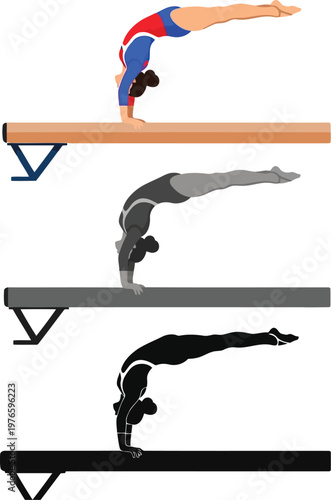 Gymnast performing handstand on balance beam icon set isolated on white background flat vector illustration