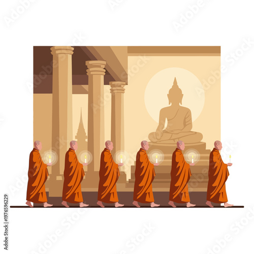 Buddhist monks walking in procession line.