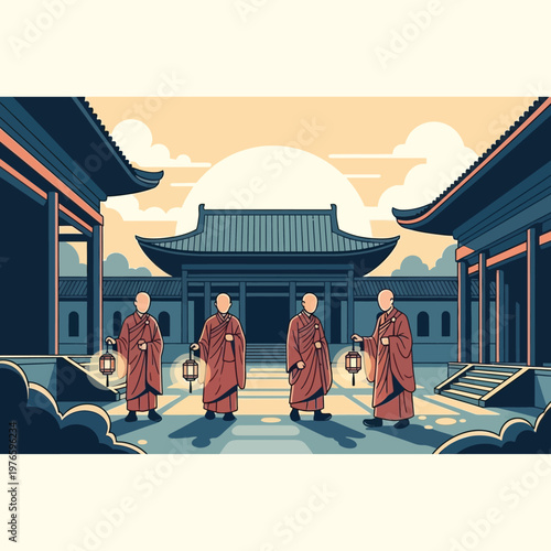 Buddhist monks walking in line formation.