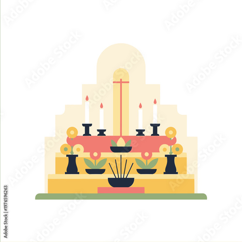 Colorful altar with candles flowers.