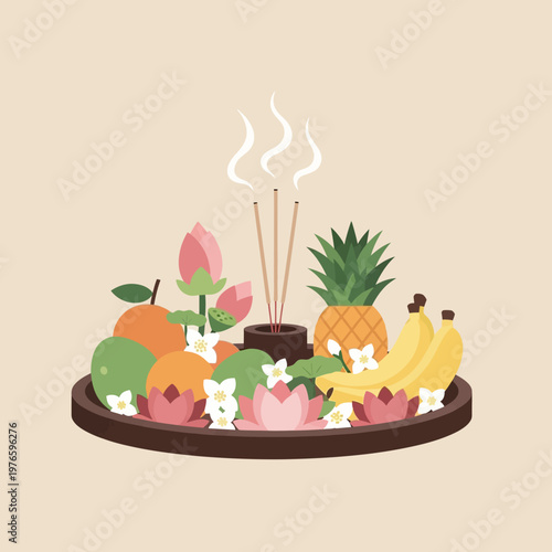 Fresh Fruit and Incense Stick Arrangement.