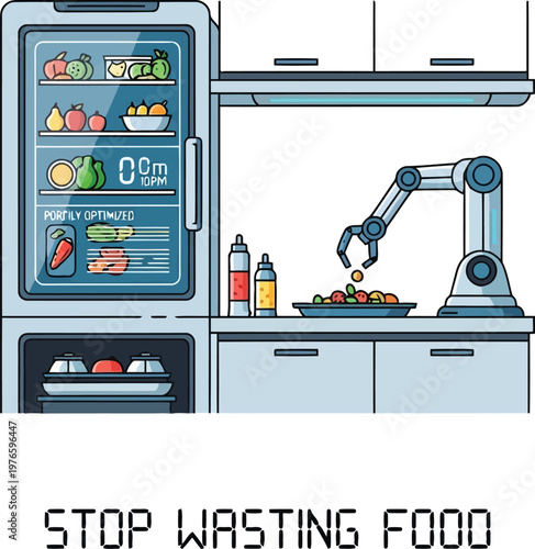 smart kitchen robot managing food supplies to prevent waste in futuristic sustainable home cooking environment