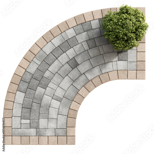 Curvilinear Pavement Garden: Overhead view of a curved pavement design seamlessly blending concrete and brick elements, softened by a lush green shrub in a garden setting. 