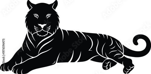 Black silhouette of a majestic tiger lying down isolated on white background for graphic design