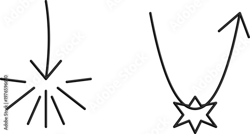 Hand-drawn black line icons showing impact arrows and bounce back effects for focus business illustration