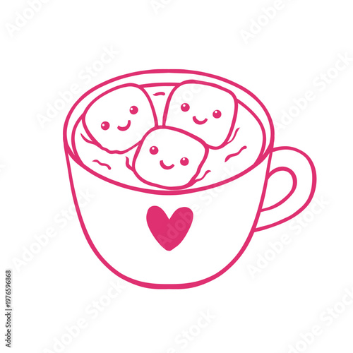 Cute hot chocolate with marshmallow kawaii icon