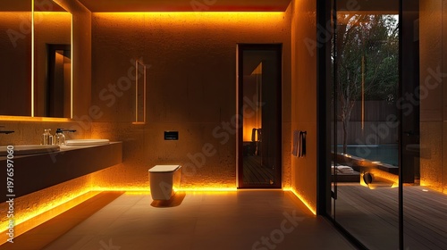 Modern luxury bathroom interior illuminated with warm ambient strip lighting