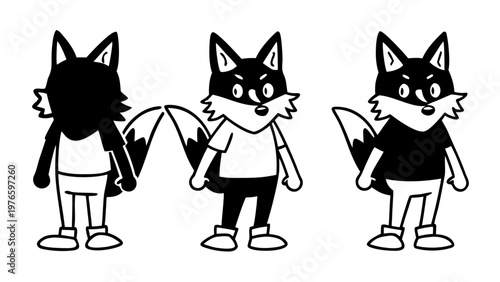 Minimalist Fox Mascot Character Set Black and White Vector Illustration
