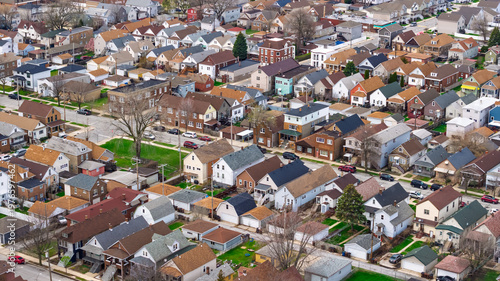 Foto Aerial view of dense suburban residential neighborhood houses