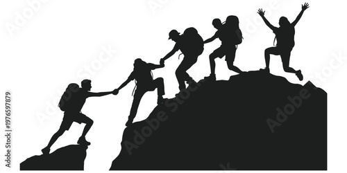 Hiking teamwork silhouette illustration, mountain climbing cooperation artwork, outdoor adventure achievement concept scene, group support success design, flat vector illustration