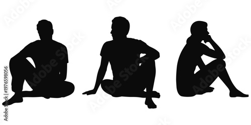 Human sitting posture silhouette illustration, casual body pose artwork, lifestyle relaxation design concept scene, posture variation comparison, flat vector illustration