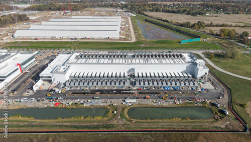 Aerial view of large data center complex under construction