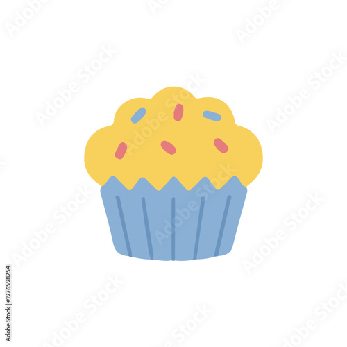 Sweet muffin with sprinkles illustration, delicious cupcake bakery icon in flat vector style isolated on white