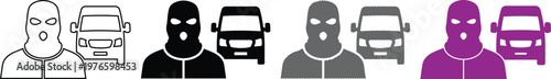 Masked criminals with van vector illustration, robbery and crime concept.