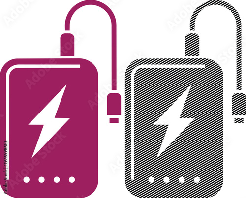 Power bank battery charger icon collection with pink and black line patterns vector illustration.