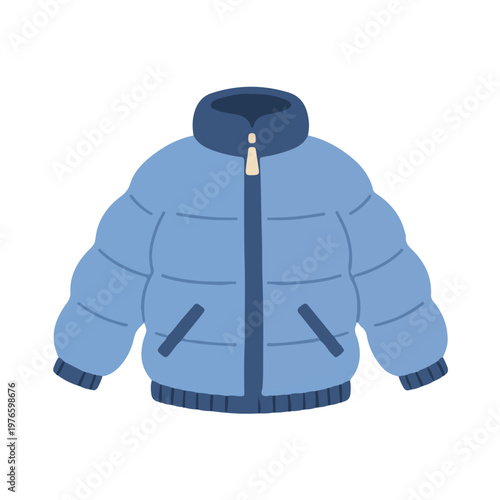 Blue puffer jacket illustration, warm winter coat for outdoor activities in flat vector style