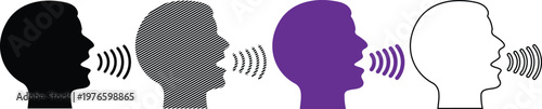Voice vector illustration set speech bubble communication human head profile speaking shouting sound waves.