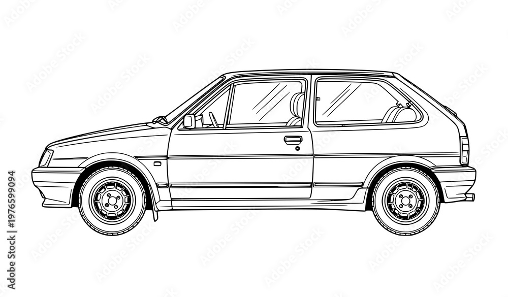 Fototapeta premium Detailed vintage compact hatchback car line art vector side profile 80s 90s style automotive outline illustration
