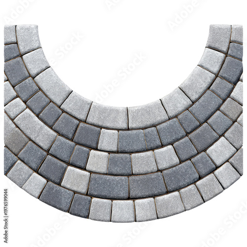 Circular Stone Paving Design: An eye-level shot captures a visually appealing semi-circular stone paving pattern. The elegant arrangement is characterized by concentric, fan-like arcs.