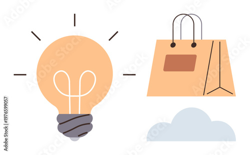E-commerce, creativity, online shopping, bright ideas, cloud storage, virtual retail. Lightbulb, shopping bag and cloud icon on white. E-commerce and creativity concept