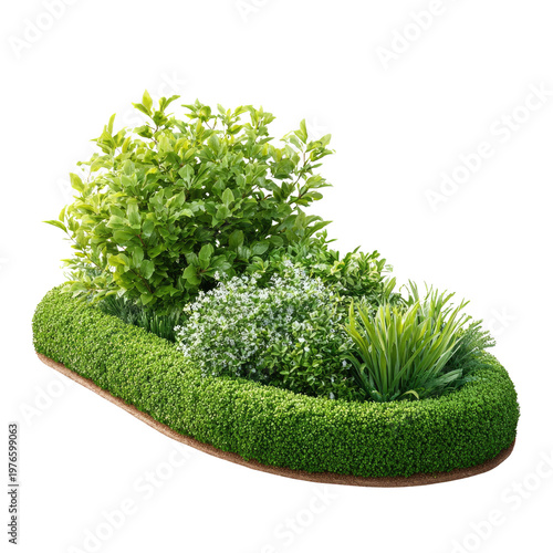 Miniature Green Garden Oasis: A meticulously crafted miniature garden oasis, featuring lush green hedges and a variety of plants arranged artfully within a meticulously formed frame.