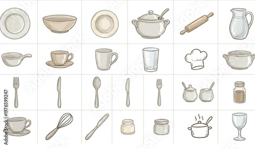 Hand drawn dinner dishware vector set in grid layout with tableware and cutlery isolated on white