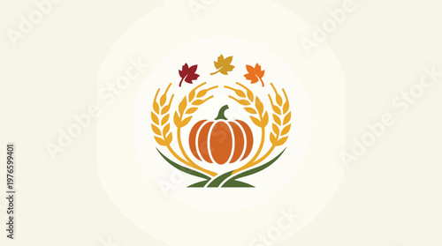 Thanksgiving Harvest Emblem with Pumpkin and Leaves
