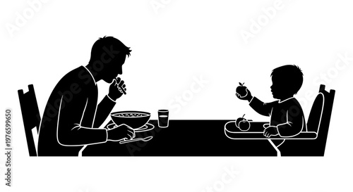 A quiet moment of shared meal between an adult and a child at a dining table. Vector, illustration