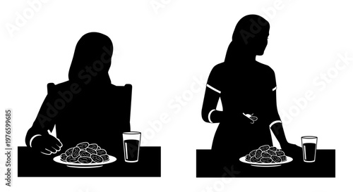 Two individuals silently enjoying a meal together at a table Vector, illustration