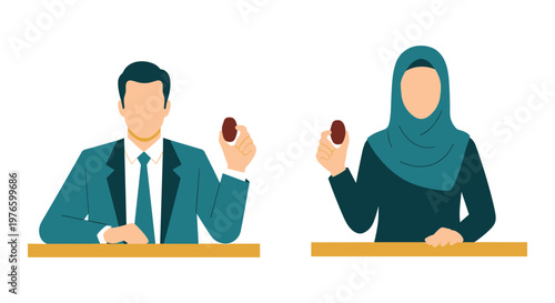 Two presenters holding microphones during a broadcast discussion Vector, illustration