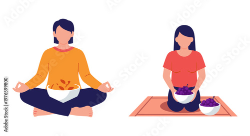 Two individuals practicing mindfulness with fresh produce in a meditative pose Vector, illustration