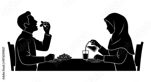 Two individuals sharing a quiet meal together at a table Vector, illustration