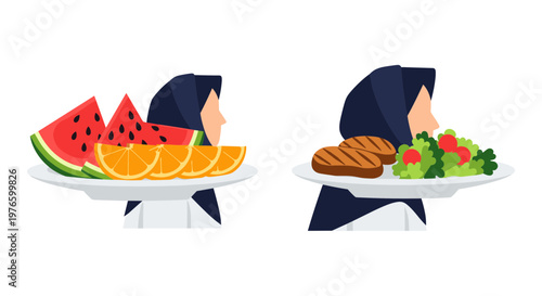 Balancing healthy and indulgent food choices on a scale Vector, illustration