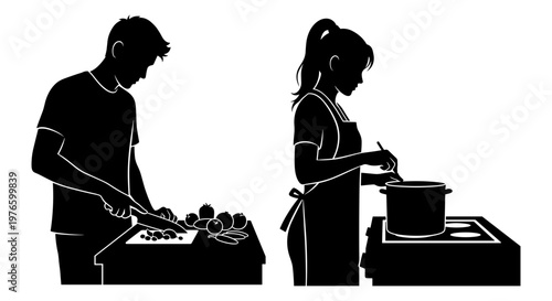 Two individuals collaborating to prepare a meal together in a kitchen setting Vector, illustration
