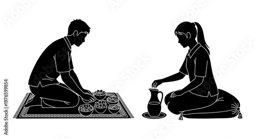 Traditional meal preparation by a couple sitting on woven mats Vector, illustration