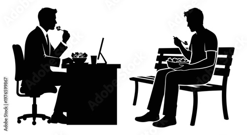 Contrast between formal meeting and casual eating habits in modern work environments Vector, illustration