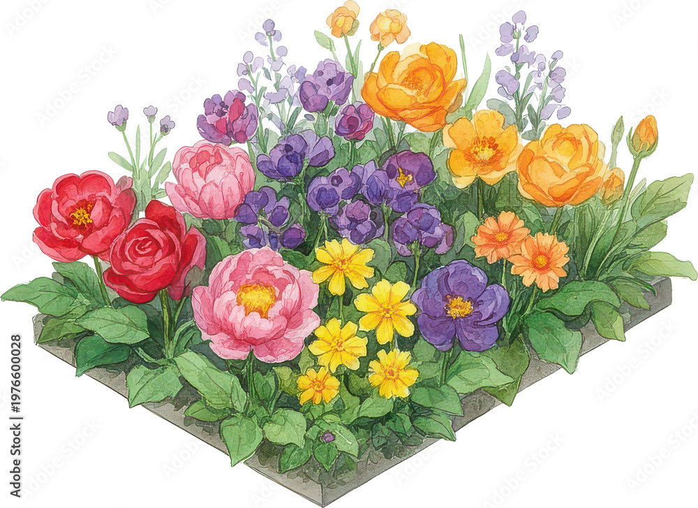 Obraz premium 水彩画の美しい花壇、色とりどりの花々が咲き誇る庭園イラスト