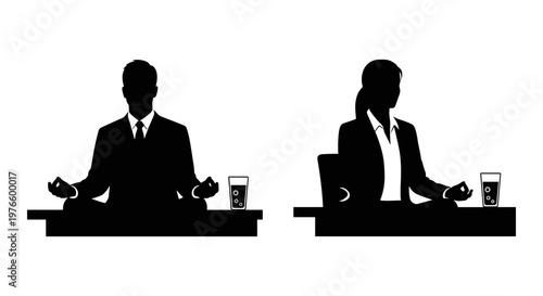 Two professionals engaged in a formal discussion or debate with beverages on their desks Vector, illustration
