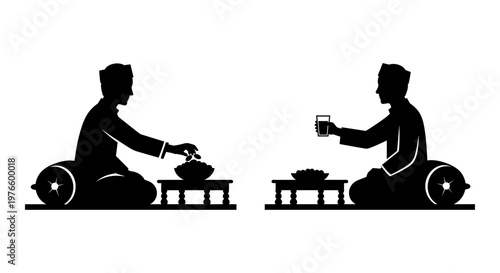 Silhouettes depict two seated individuals sharing tea. One pours from a kettle, the other holds a cup. They sit cross-legged on cushions near small tables. The scene evokes calm