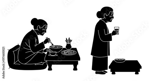 Two elderly women preparing and sharing a meal together in a traditional setting. Vector, illustration