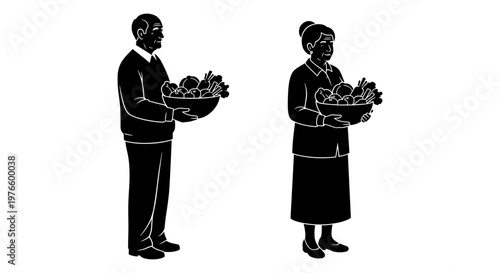 Two individuals exchanging baskets of fresh produce in formal attire Vector, illustration