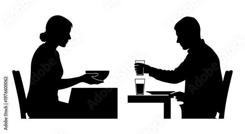 Silhouettes of two people seated at separate tables. One holds a bowl, the other raises a glass. They face each other, yet remain apart. Quiet moments of dining, conversation, or reflection