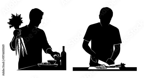 Two silhouettes preparing ingredients and a meal together in a kitchen setting Vector, illustration