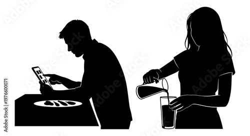 Modern disconnect as one uses a tablet while the other pours a drink. Vector, illustration